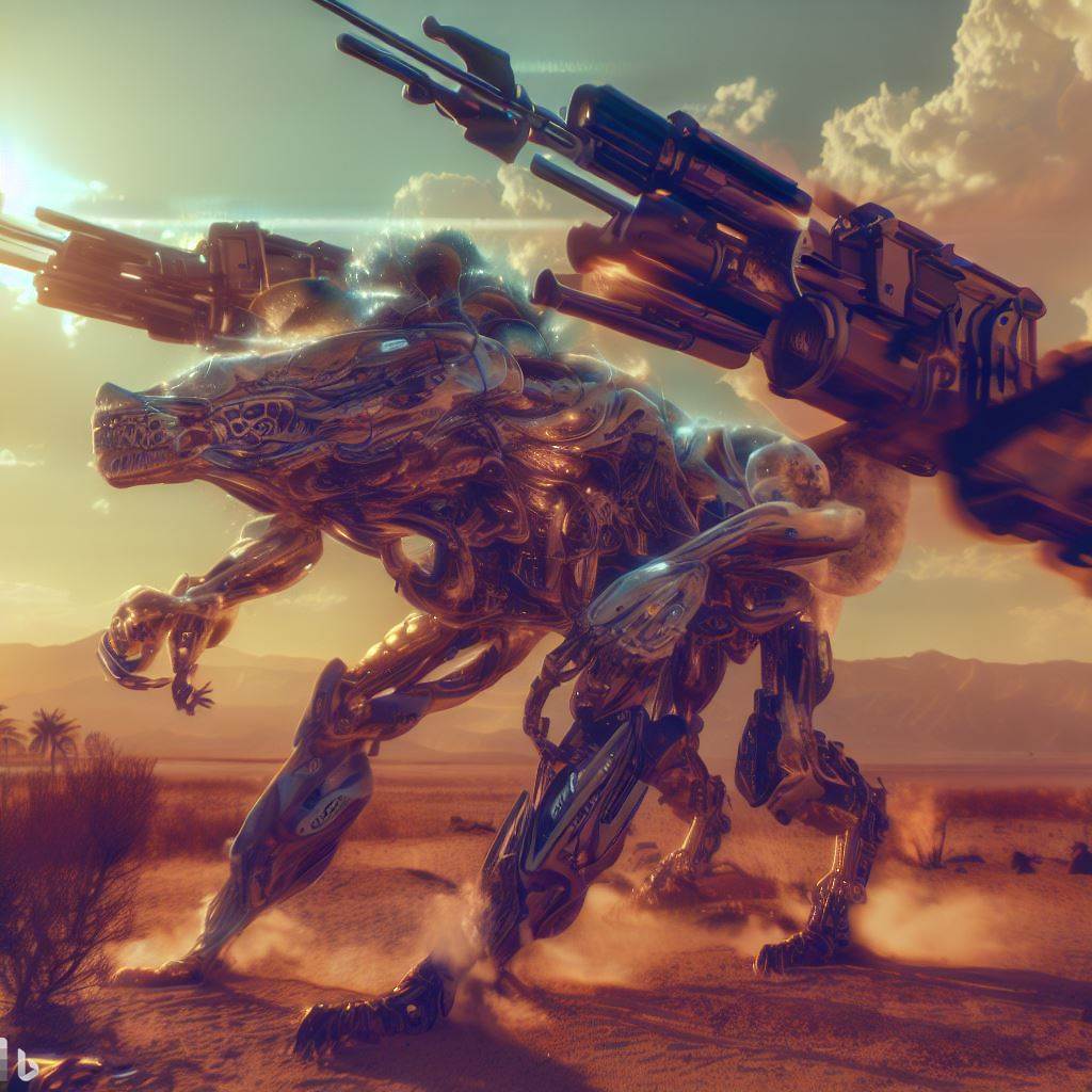 future mech dinosaur with guns fighting in desert, wildlife in foreground, surreal clouds, bloom, lens flare, angle, glass body, h.r. giger style 1.jpg